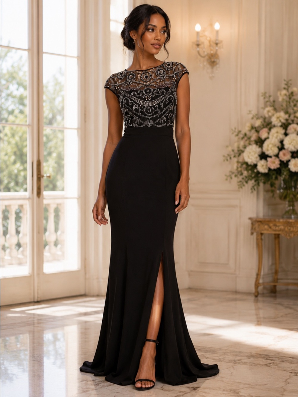 Aidan Mattox beaded bodice long dress with slit